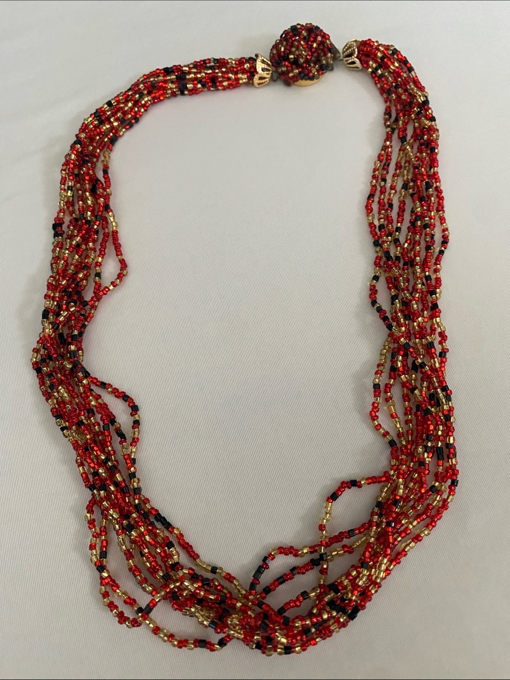 Vintage 50s-60s Multi-Strand Red Beaded Necklace with Gold/Black Accents, Japan